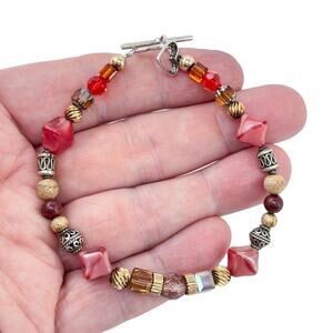 Estate Sterling Silver 925 Red Beaded Bracelet 8.5"